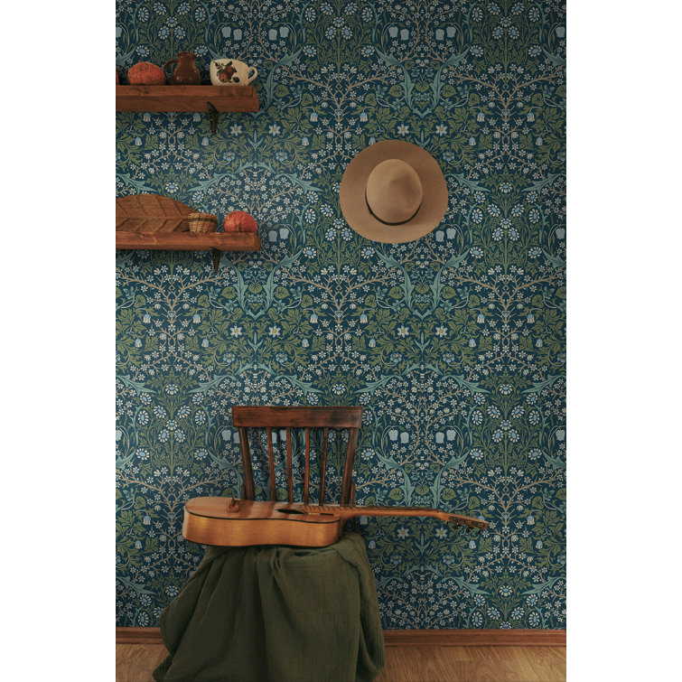 Prussian Blue and Moss Green Damask Peel and Stick Wallpaper
