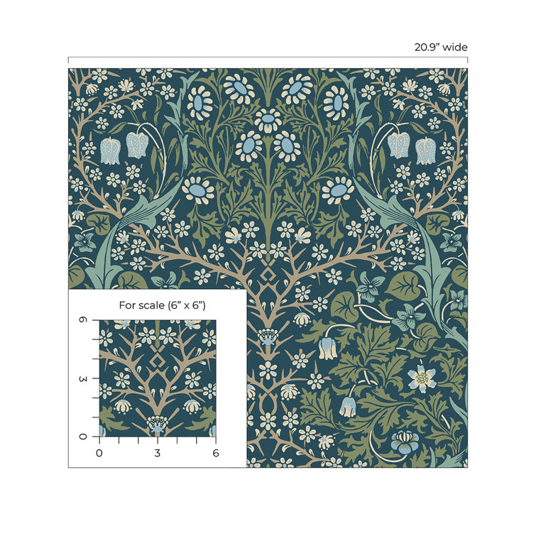 Prussian Blue and Moss Green Damask Peel and Stick Wallpaper