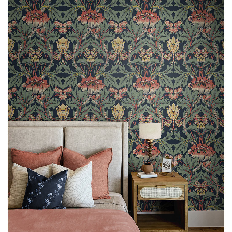Denim Blue and Auburn Floral Peel and Stick Wallpaper