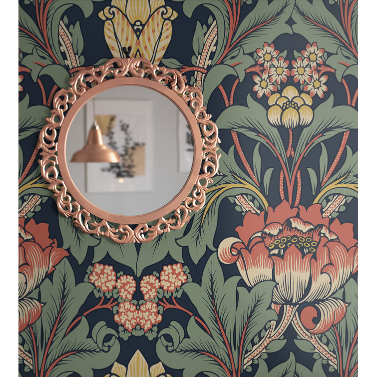 Denim Blue and Auburn Floral Peel and Stick Wallpaper
