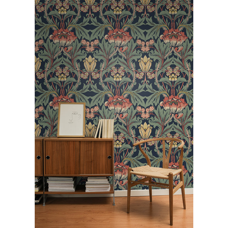 Denim Blue and Auburn Floral Peel and Stick Wallpaper