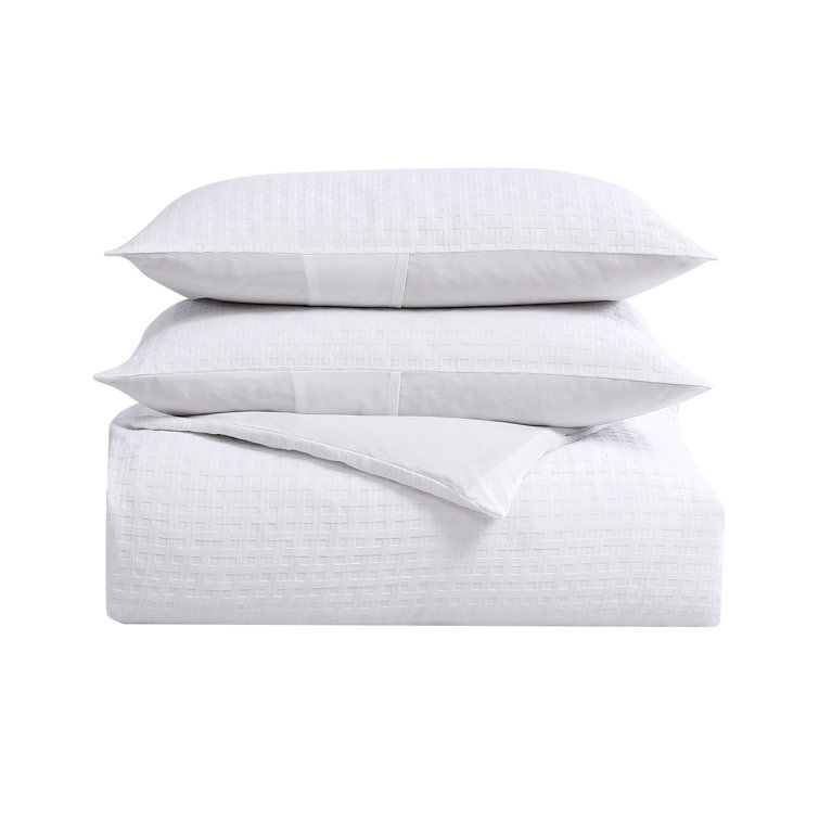 Serene Basketweave Queen Cotton Duvet Cover Set - White