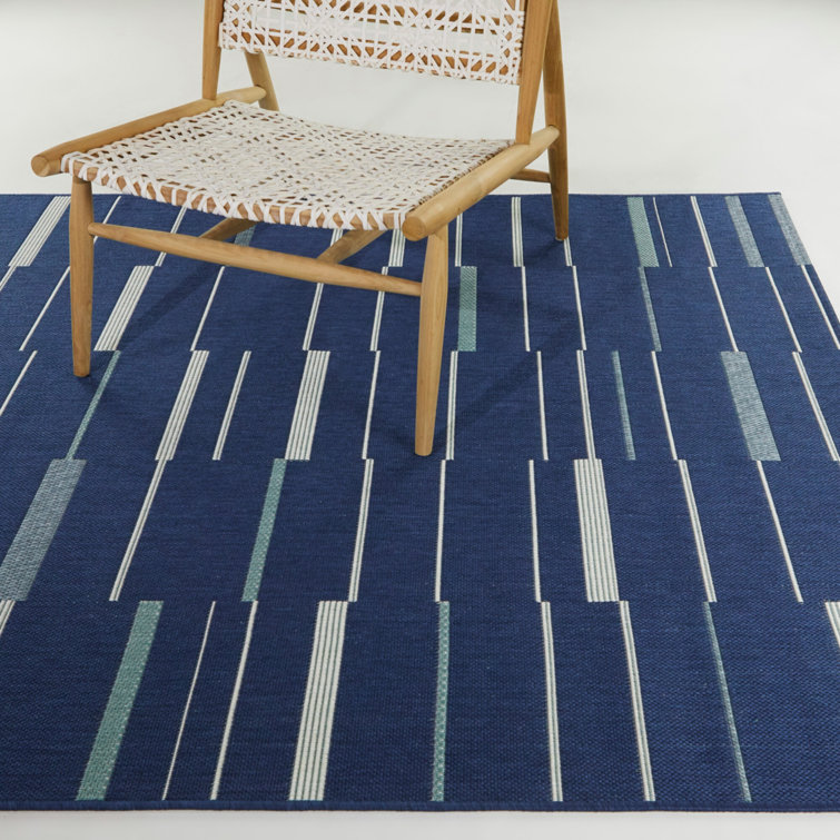 Navy Blue Rectangular Braided Synthetic Stripe Rug