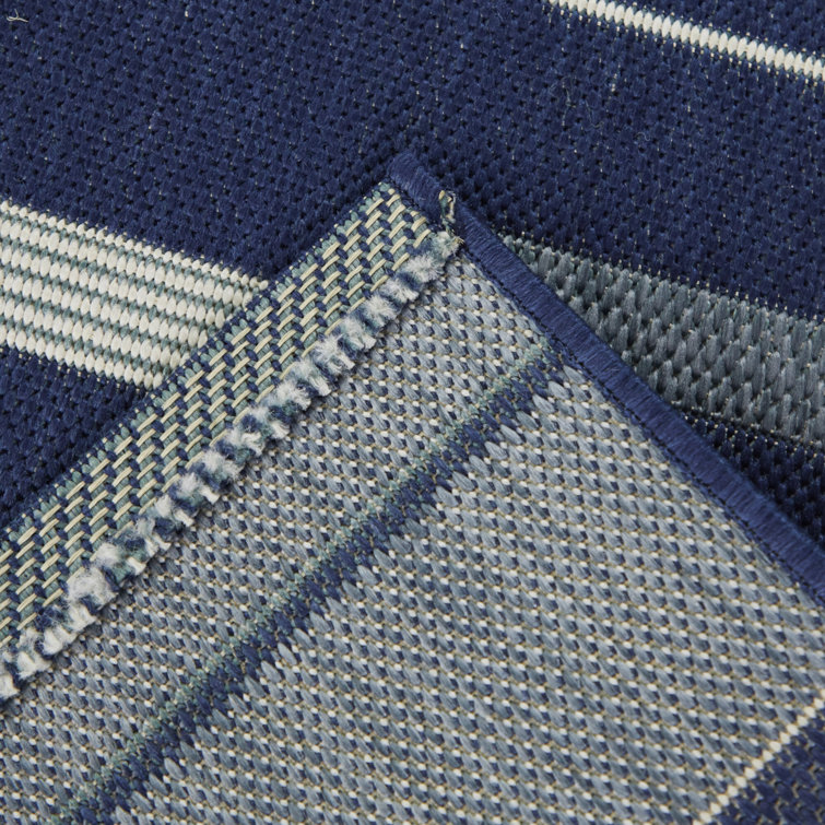 Navy Blue Rectangular Braided Synthetic Stripe Rug