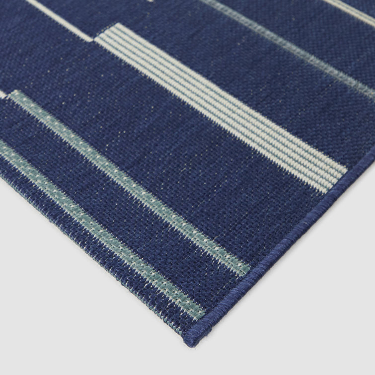 Navy Blue Rectangular Braided Synthetic Stripe Rug