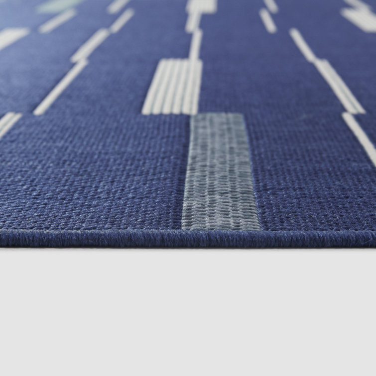 Navy Blue Rectangular Braided Synthetic Stripe Rug