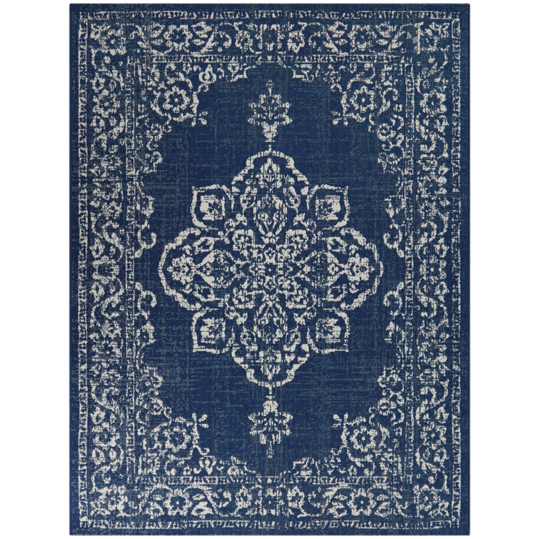Blue and White Synthetic Medallion Flat Woven Rug 5'3" x 7'