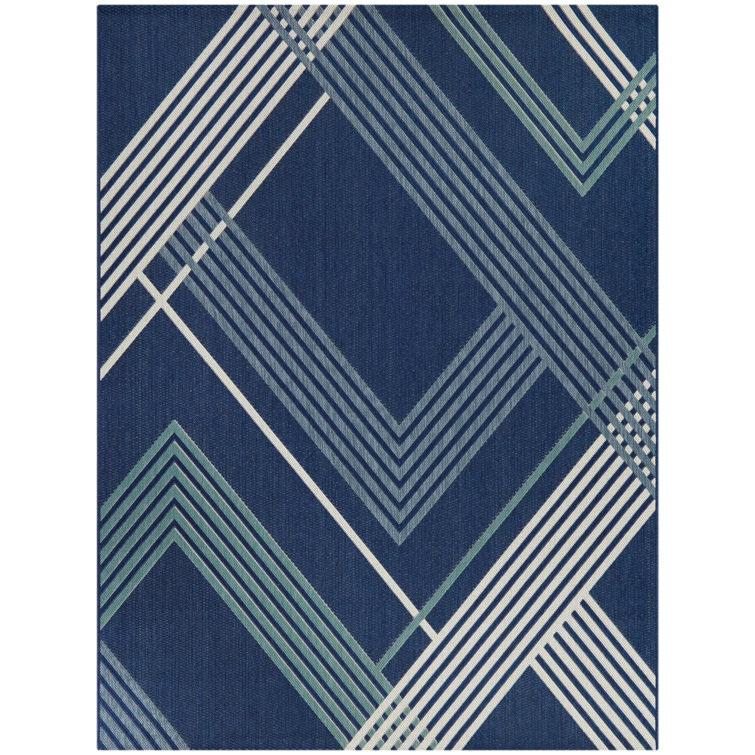 Navy and White Braided Synthetic Stripe Area Rug