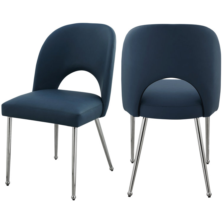 Navy Faux Leather Upholstered Side Chair with Chrome Legs, Set of 2