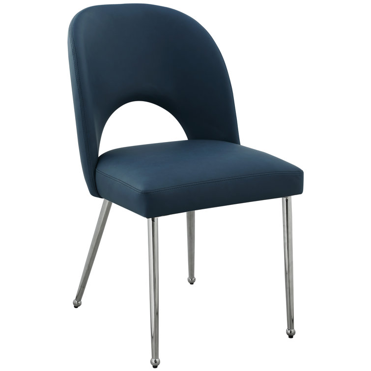 Navy Faux Leather Upholstered Side Chair with Chrome Legs, Set of 2