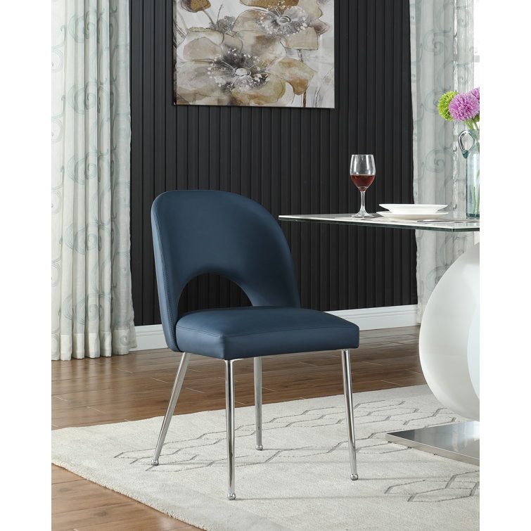 Navy Faux Leather Upholstered Side Chair with Chrome Legs, Set of 2