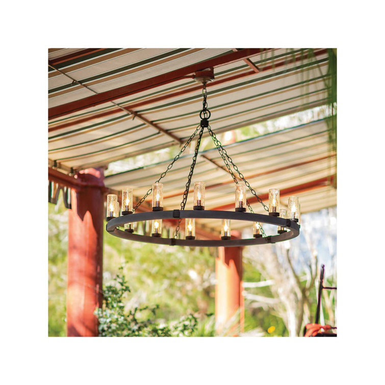 Sawyer Aged Zinc and Distressed Black 12-Light Rustic Outdoor Chandelier