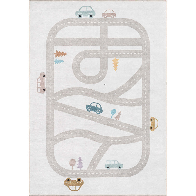 Gray Chenille Kids Playmat Road Traffic 5' x 7' Rug
