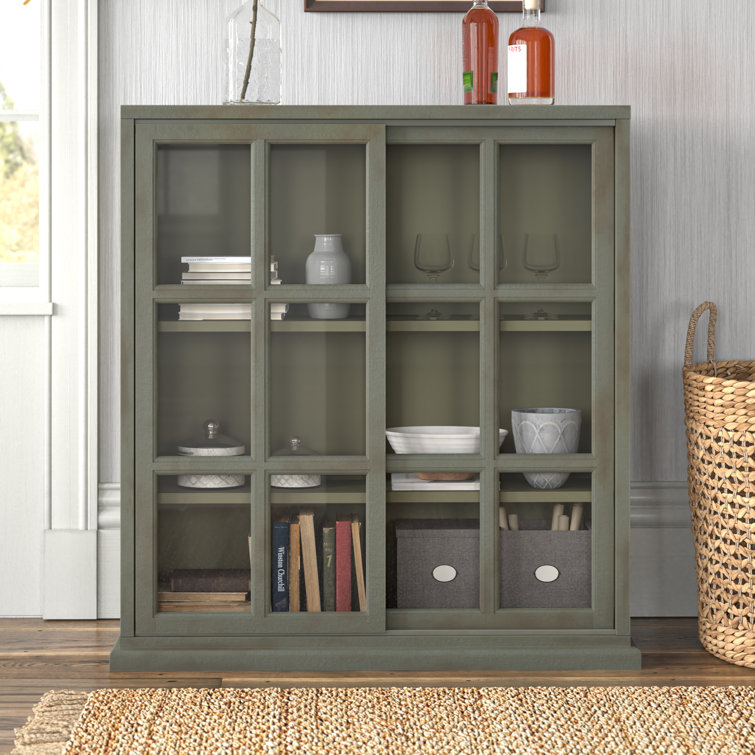 Transitional Gray Elm Wood 3-Tier Bookcase with Glass Doors