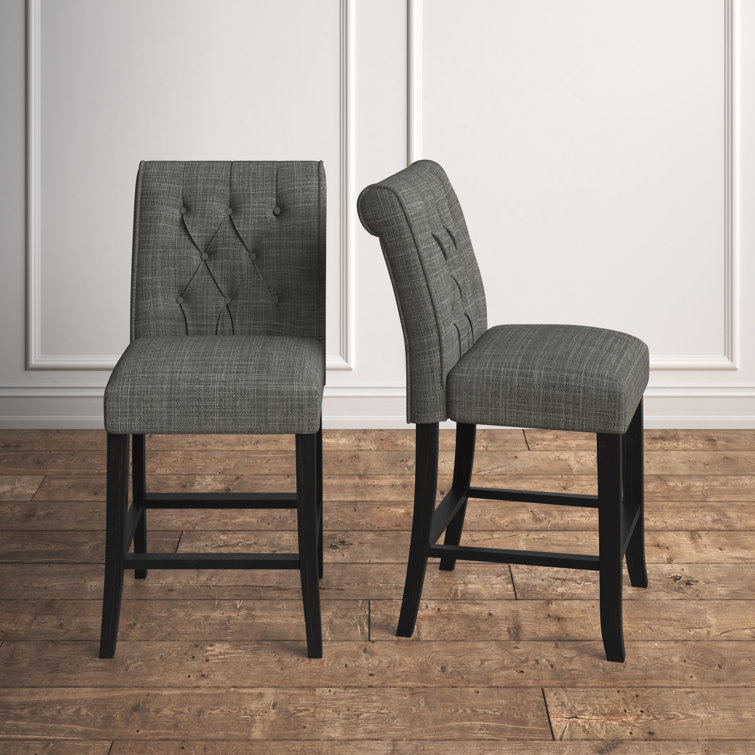 Gray Upholstered Counter Stools with Black Wood Legs, Set of 2