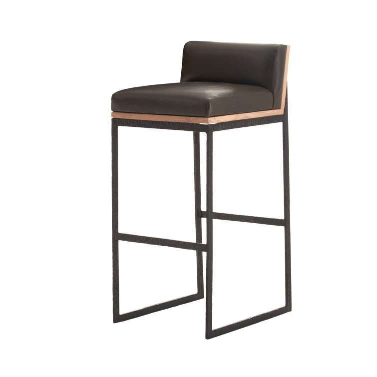 Graphite Leather and Blackened Iron Bar Stool