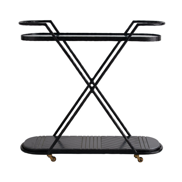 Nakoa Art Deco Blackened Iron and Marble Bar Cart with Glass Top