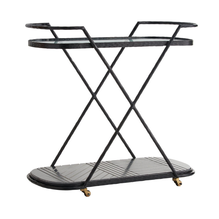 Nakoa Art Deco Blackened Iron and Marble Bar Cart with Glass Top