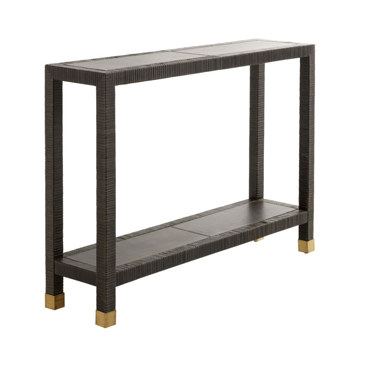 Graphite Leather Console Table with Brass Accents