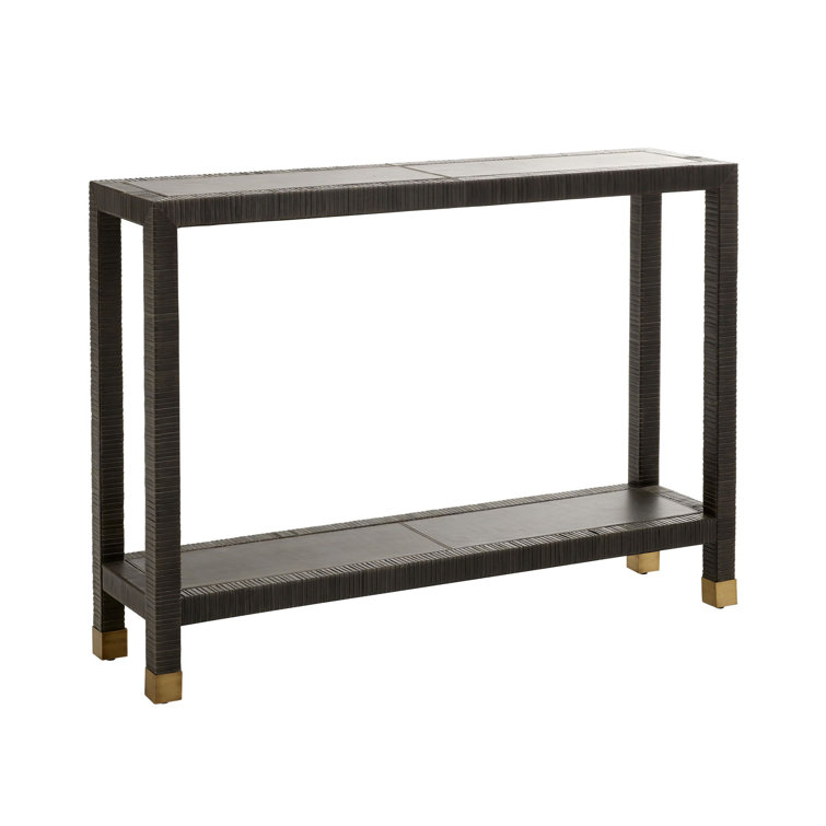 Graphite Leather Console Table with Brass Accents