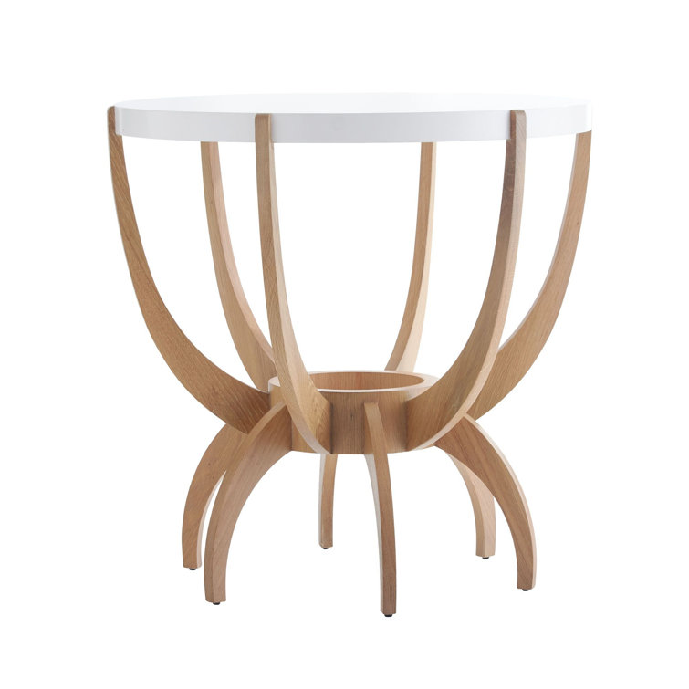 Oyster Finish Oak Veneer Round Side Table with White Lacquer Top