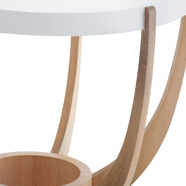 Oyster Finish Oak Veneer Round Side Table with White Lacquer Top