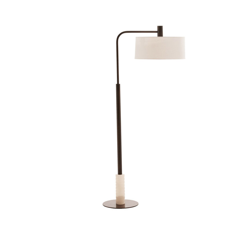 Mitchell White Alabaster and Bronze Arched Floor Lamp with Off-White Linen Shade