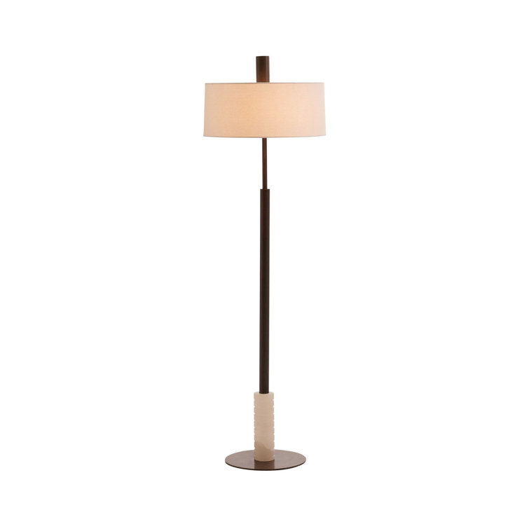 Mitchell White Alabaster and Bronze Arched Floor Lamp with Off-White Linen Shade