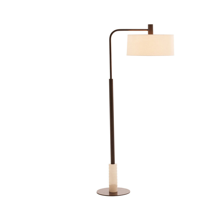 Mitchell White Alabaster and Bronze Arched Floor Lamp with Off-White Linen Shade