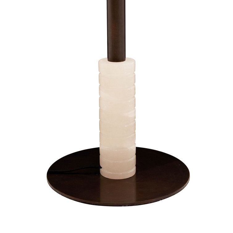 Mitchell White Alabaster and Bronze Arched Floor Lamp with Off-White Linen Shade