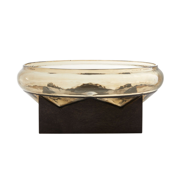 Amber Glass Decorative Bowl with Umber Wooden Base