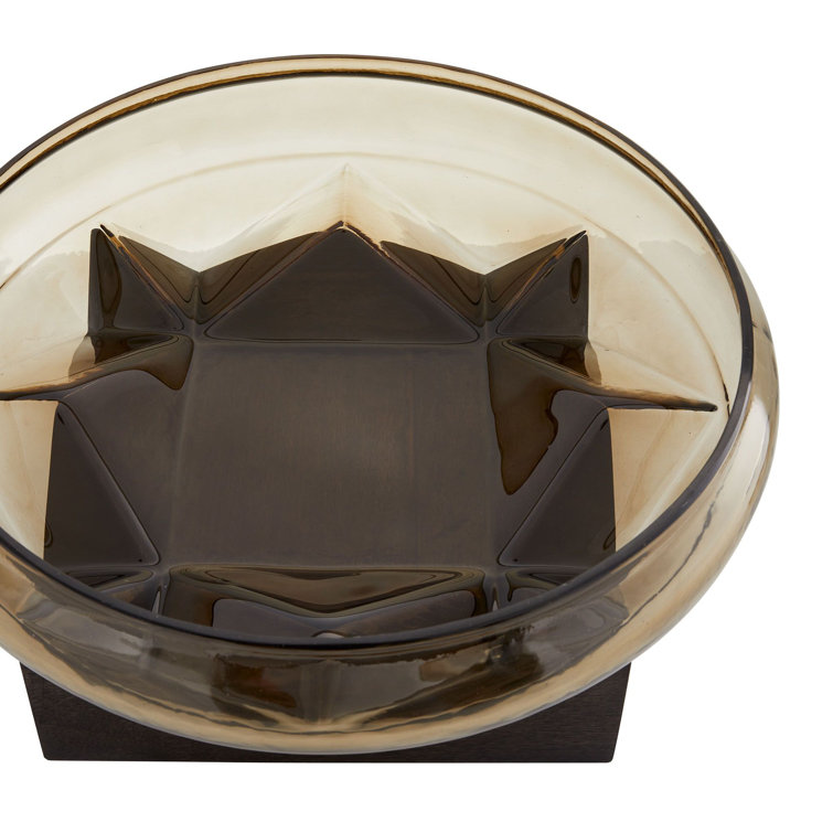 Amber Glass Decorative Bowl with Umber Wooden Base