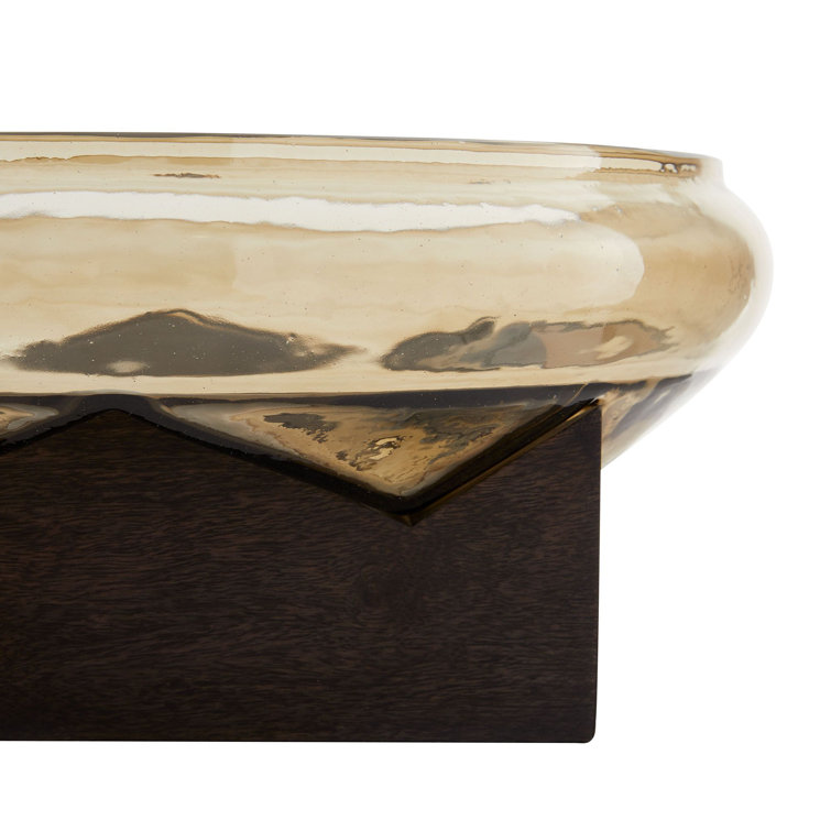 Amber Glass Decorative Bowl with Umber Wooden Base