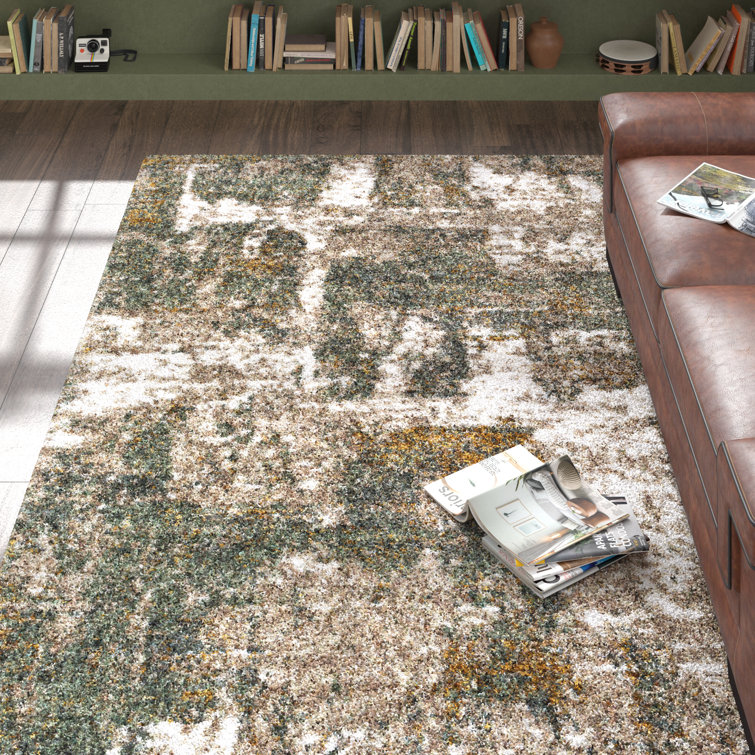 Gray and Green Abstract Shag Rectangular Area Rug