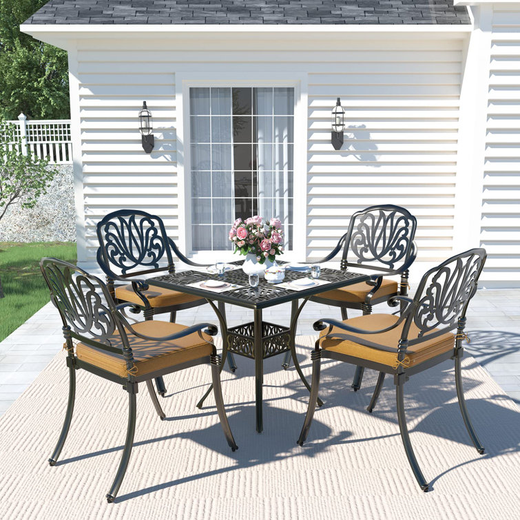 Bronze Cast Aluminum 4-Person Outdoor Dining Set with Khaki Cushions