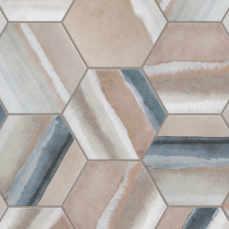 Taupe and Blue Hexagon Porcelain Floor and Wall Tile