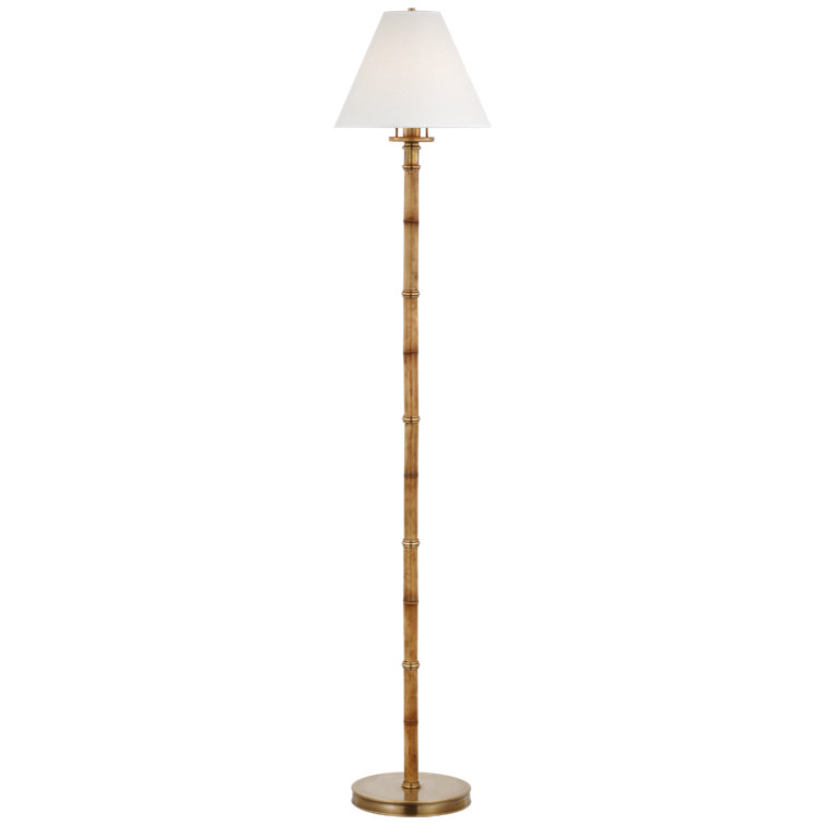 Tall Waxed Bamboo and Brass Floor Lamp with White Parchment Shade