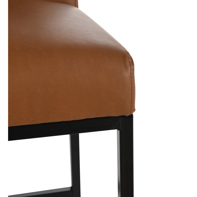 Cognac Brown Leather and Black Metal Swivel Counter Stool