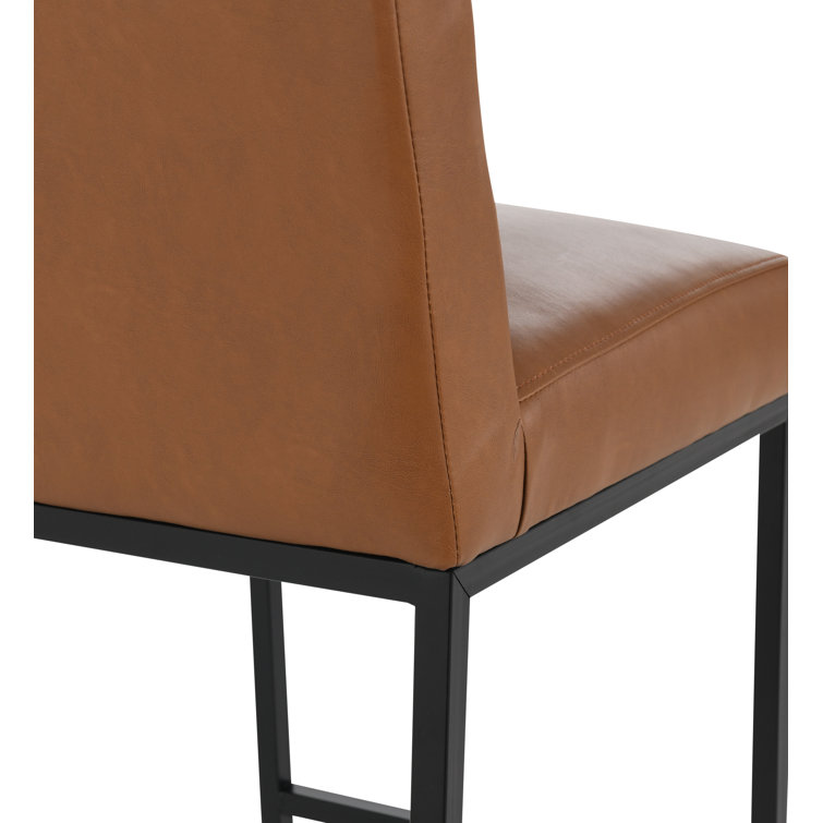 Cognac Brown Leather and Black Metal Swivel Counter Stool