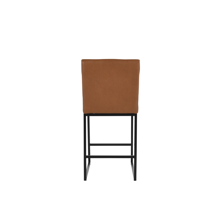Cognac Brown Leather and Black Metal Swivel Counter Stool