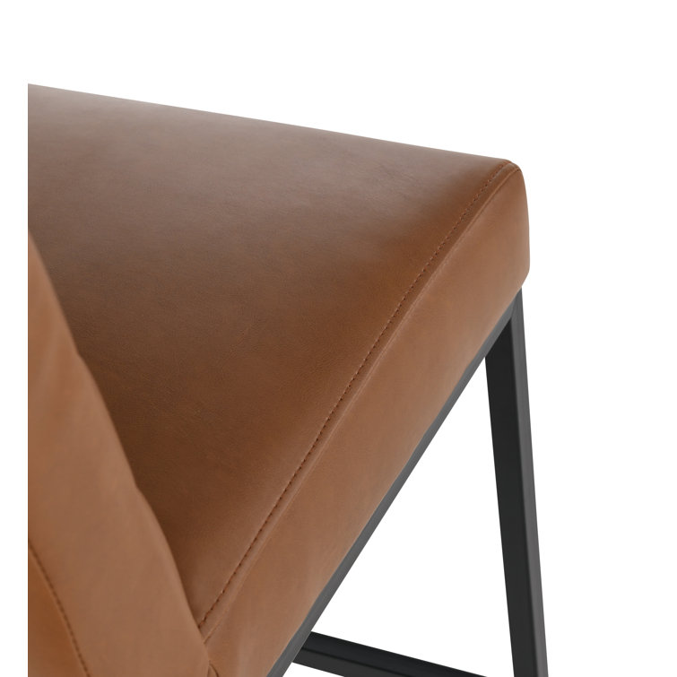 Cognac Brown Leather and Black Metal Swivel Counter Stool