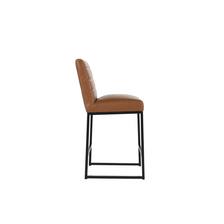 Cognac Brown Leather and Black Metal Swivel Counter Stool