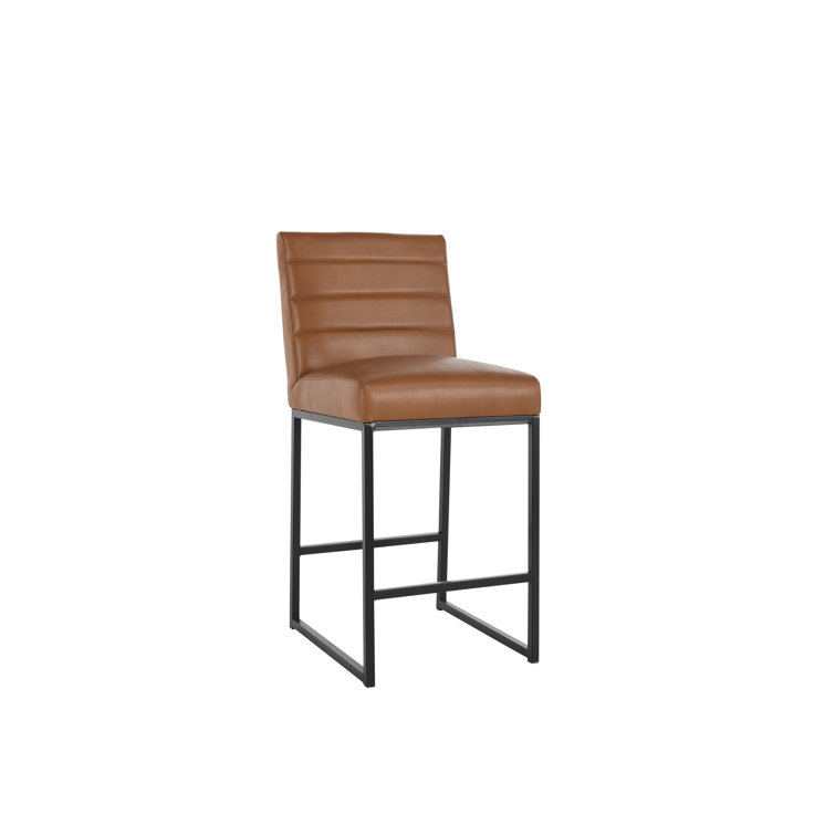 Cognac Brown Leather and Black Metal Swivel Counter Stool