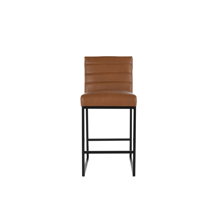 Cognac Brown Leather and Black Metal Swivel Counter Stool