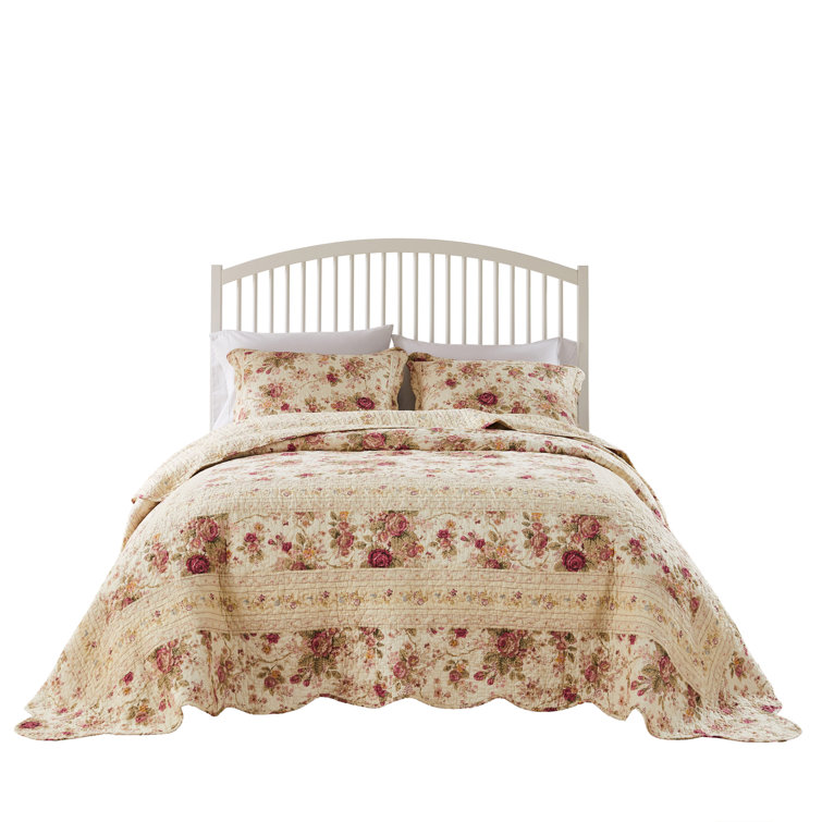 Queen Blue Cotton Reversible Floral Bedspread Set