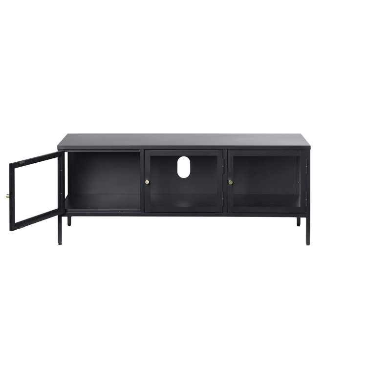 Black Metal and Glass 3-Cabinet TV Stand with Brass Knobs