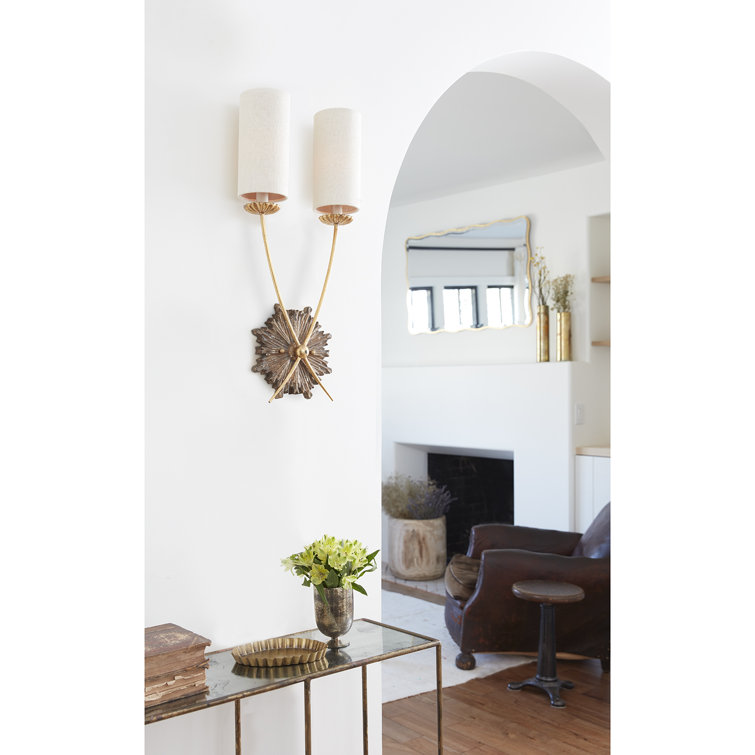 Antique Gold Dual-Light Linen Shade Wall Sconce