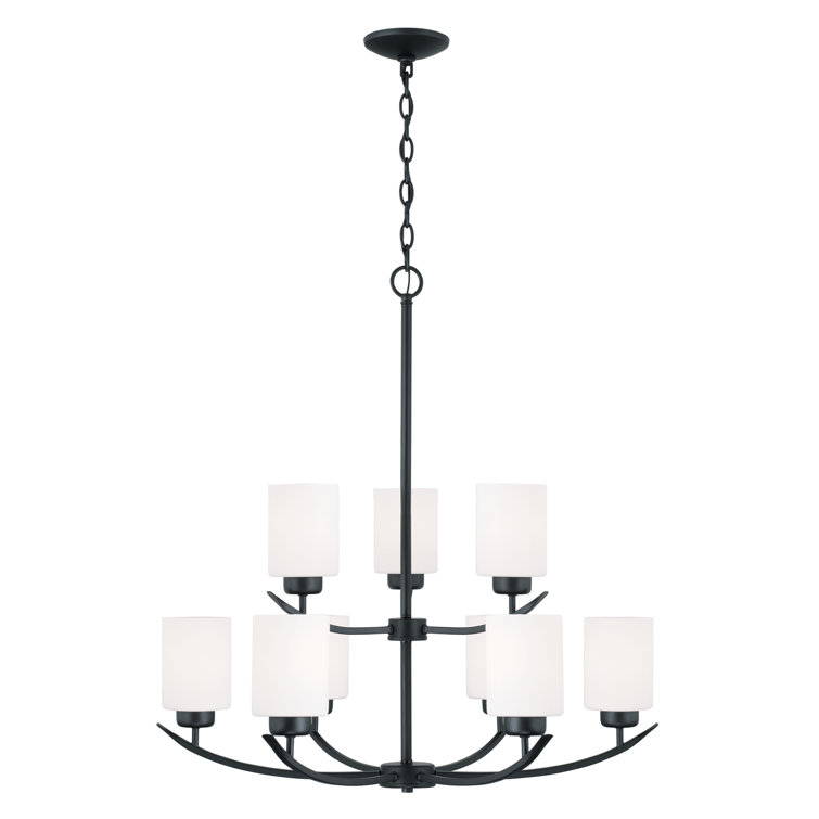 Matte Black 9-Light Chandelier with Soft White Glass Shades