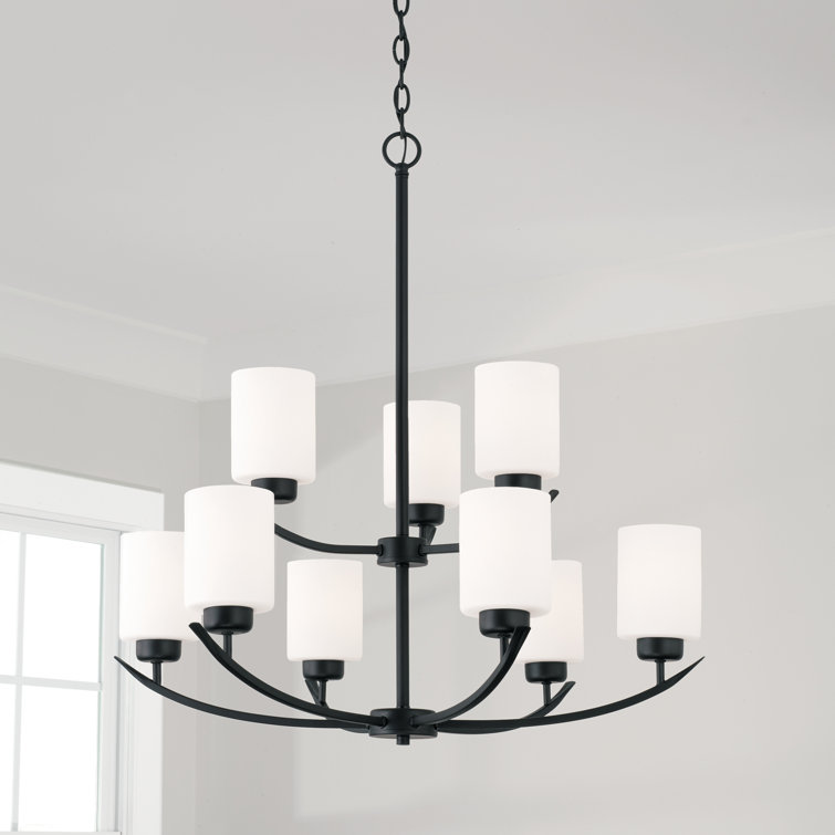 Matte Black 9-Light Chandelier with Soft White Glass Shades