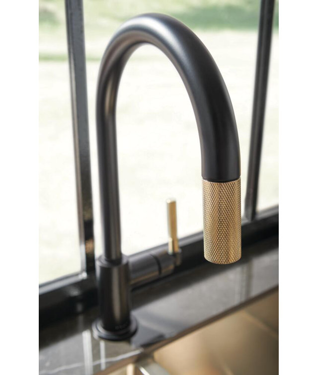 Matte Black and Gold Pull-Down Kitchen Faucet with Brass Handle